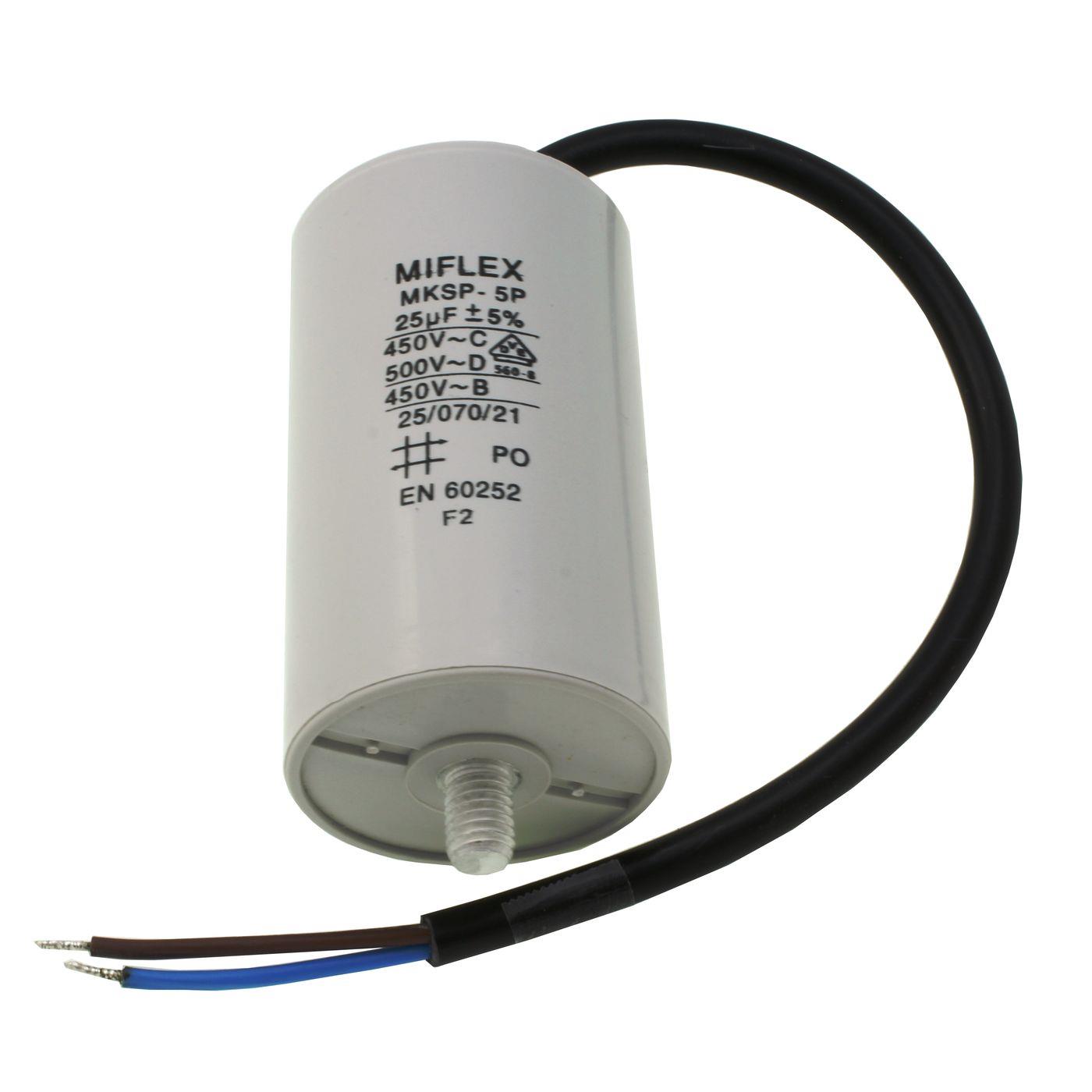 Anlaufkondensator Motorkondensator 25µF 450V 45x78mm Kabel 25cm Miflex 25uF