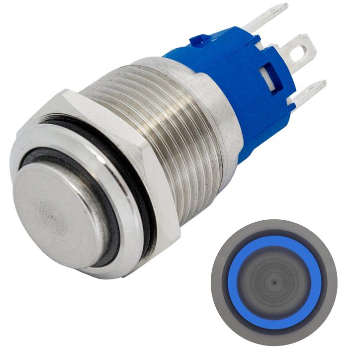 Stainless steel Pressure switch raised Ø16mm Ring LED Blue IP65 2,8x0,5mm Pins 250V 3A Vandal-proof