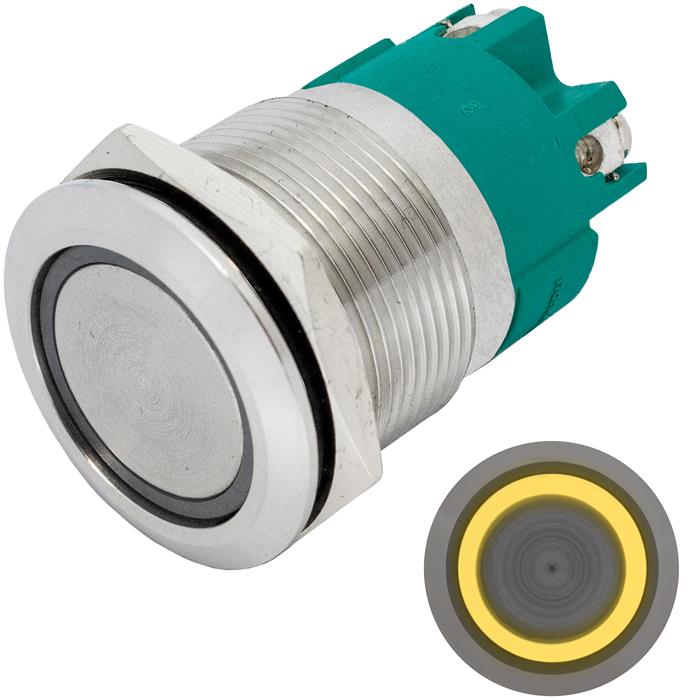 Stainless steel Pressure switch Flat Ø22mm Ring LED Yellow IP65 Screw Connection 250V 3A Vandal-proof