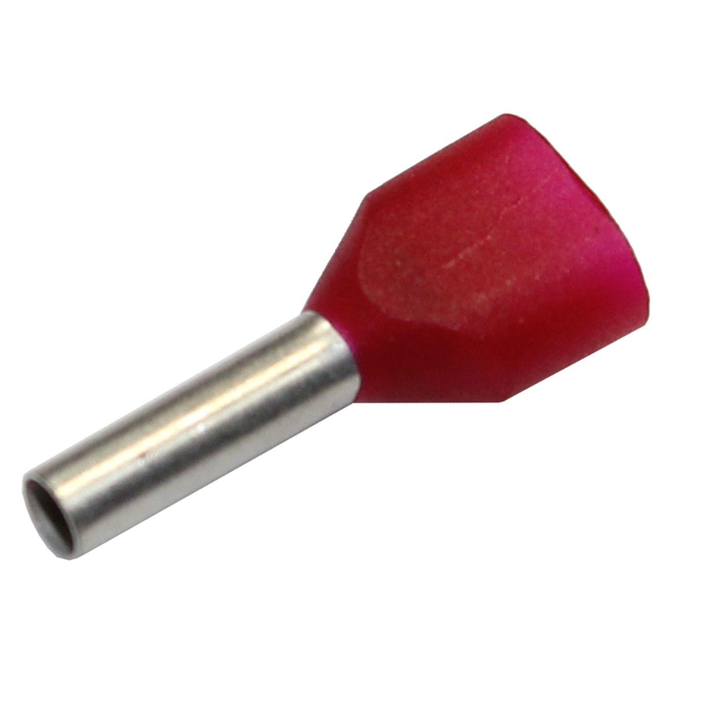 100x Twin wire end ferrule isolated 2x 1mm² Red Copper tinned 2x8mm Sleeve