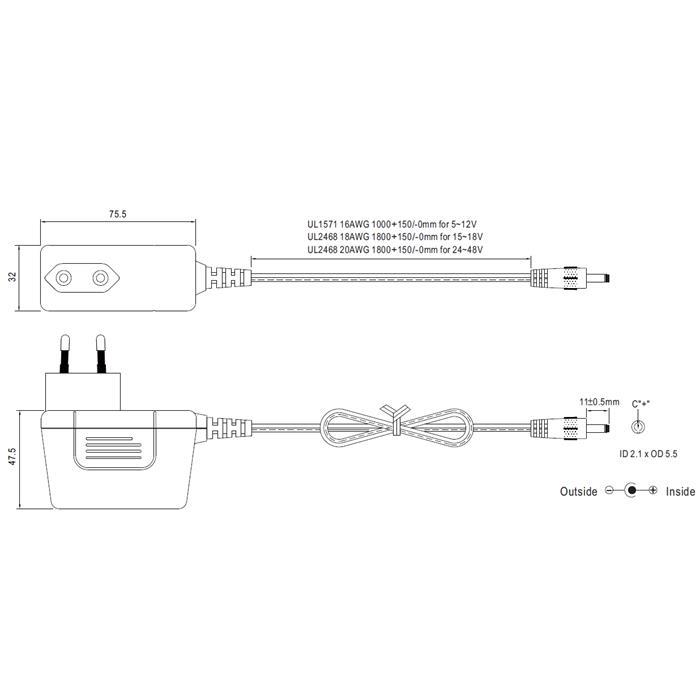 SGA25E24-P1J 25W 24V 1,04A Steckernetzteil Kabel 180cm + DC Stecker (2,1/5,5mm) AC DC Adpater