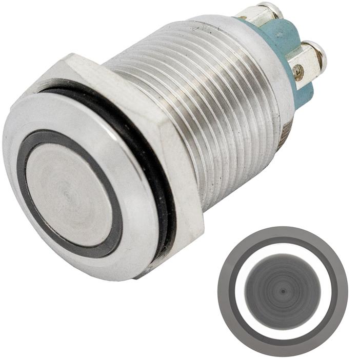 Stainless steel Push button Flat Ø16mm Ring LED Cold White IP65 Screw Connection 250V 3A Vandal-proof
