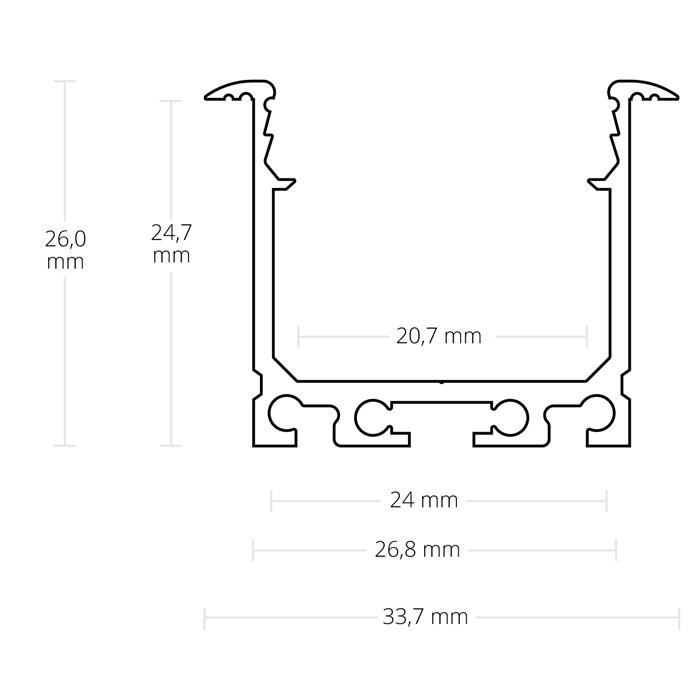 1m LED profile PN7 Silver 33,7x26mm Aluminium Installation profile for 24mm LED strips