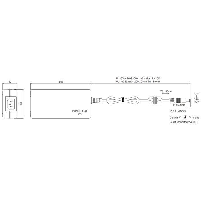 GST90A12-P1M 80W 12V 6,67A Desktop power supply Cable 100cm + DC Plug (2,1/5,5mm) AC DC Adpater