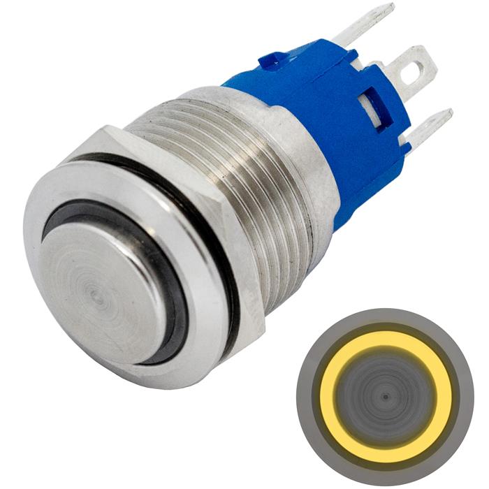 Stainless steel Pressure switch raised Ø19mm Ring LED Yellow IP65 2,8x0,5mm Pins 250V 3A Vandal-proof