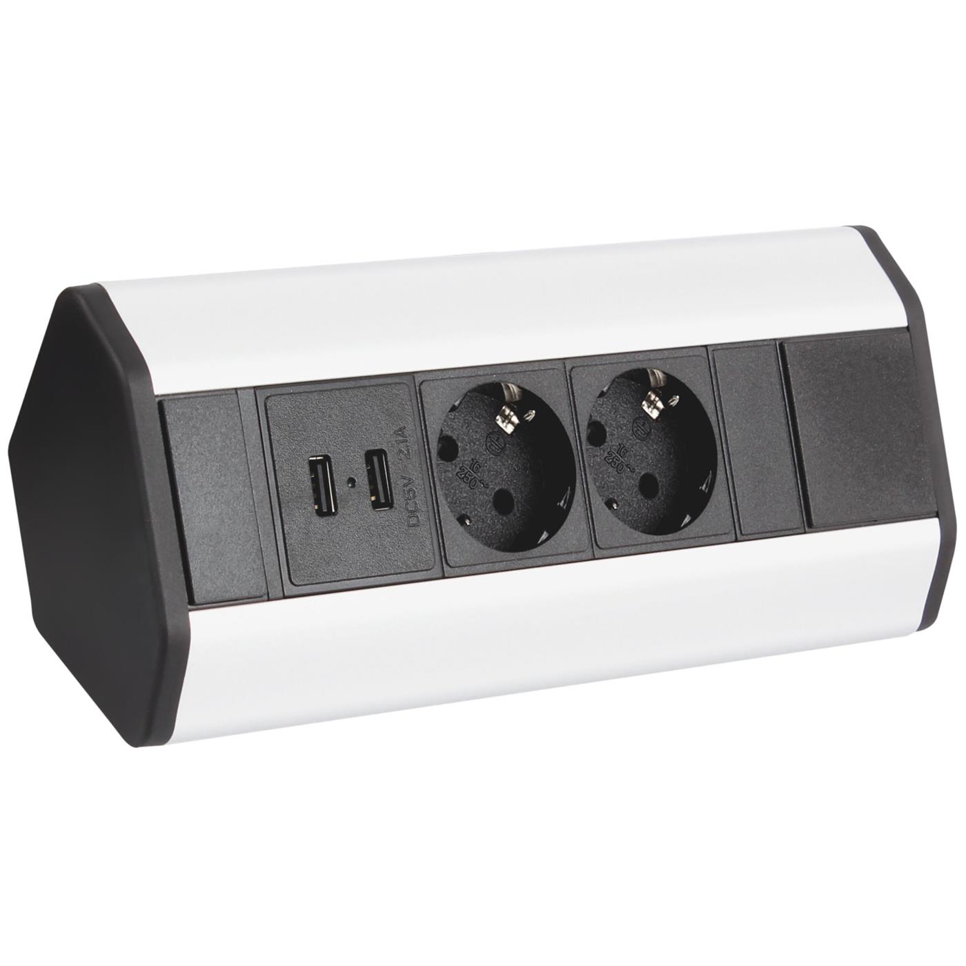 CornerBox 2x USB 2,4A + 2x Protective contact Table Corner socket outlet Table socket outlet Aluminium