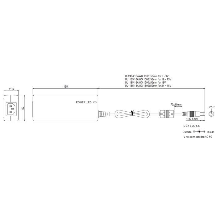 GST60A24-P1J 60W 24V 2,5A Tischnetzteil Kabel 180cm + DC Stecker (2,1/5,5mm) AC DC Adpater