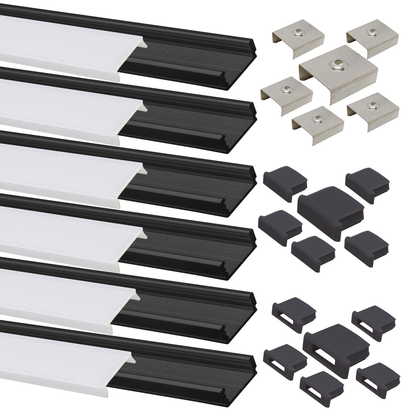 LED Aufbau Profil Set 6m Alu schwarz matte Abdeckung + Zubehör 12mm Streifen