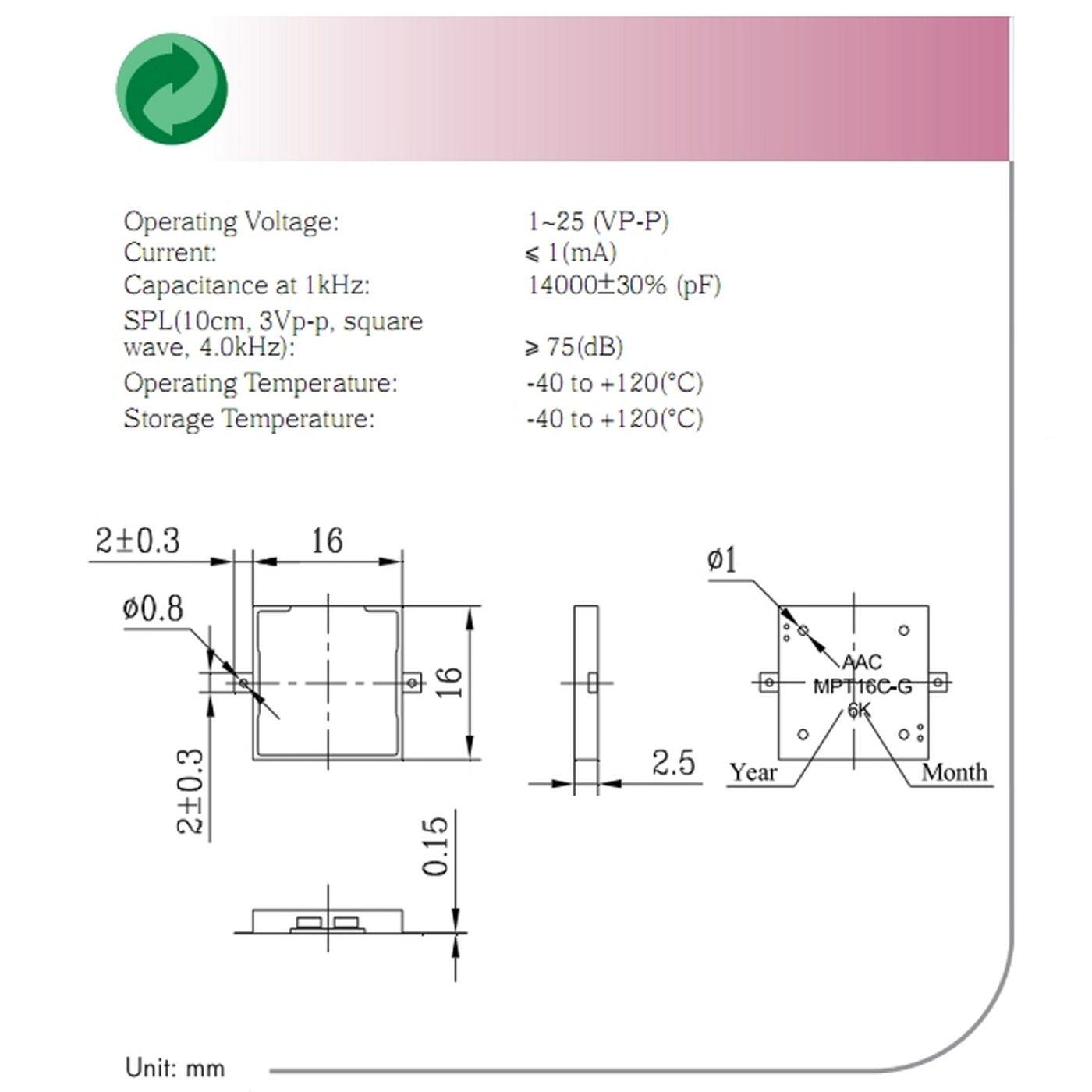 Piezo Schallwandler Schallgeber Signalgeber Buzzer Yec Electronics MPT16C-G