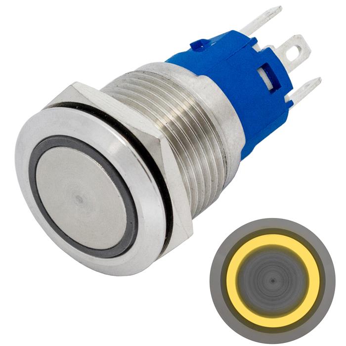 Stainless steel Pressure switch Flat Ø19mm Ring LED Yellow IP65 2,8x0,5mm Pins 250V 3A Vandal-proof