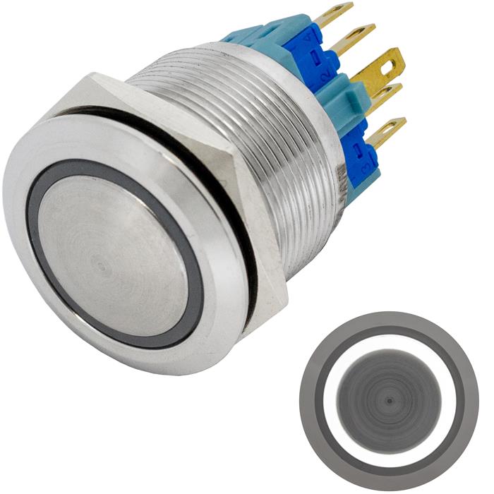 Edelstahl Druckschalter gewölbt Ø22mm Ring LED Kalt Weiß IP65 2,8x0,5mm Pins 250V 3A Vandalismussicher