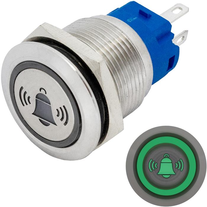 Stainless steel Push button Flat Ø19mm Bell LED Green IP65 2,8x0,5mm Pins 250V 3A Vandal-proof