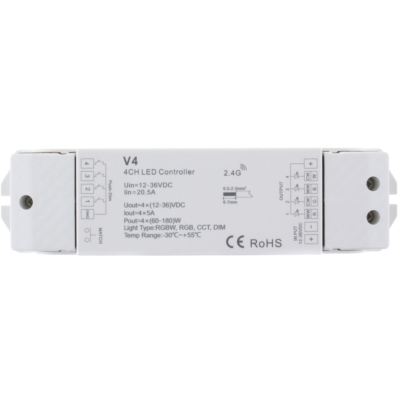Elegance RGB RGBW LED 4-Zone Receiver 12...36V 720W for colour changing strips 4-Pin + 5-Pin