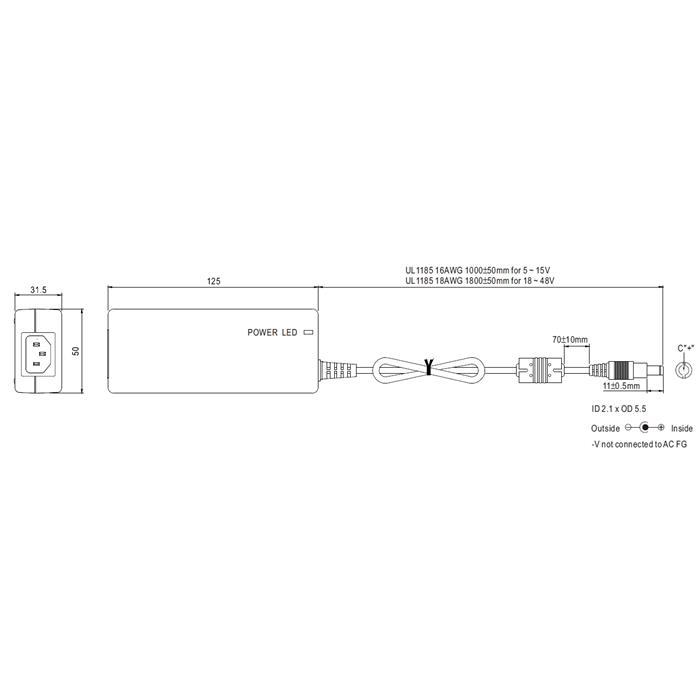 GST40A24-P1J 40W 24V 1,67A Tischnetzteil Kabel 180cm + DC Stecker (2,1/5,5mm) AC DC Adpater
