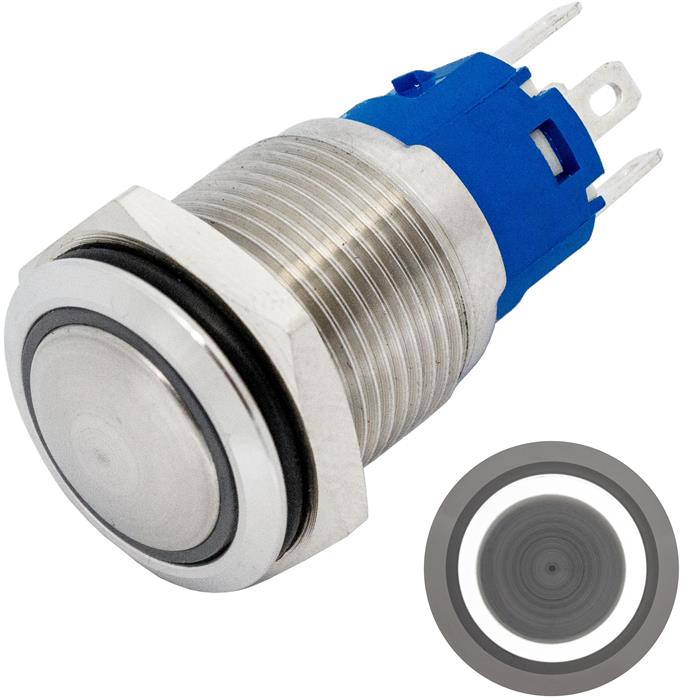 Stainless steel Pressure switch domed Ø16mm Ring LED Cold White IP65 2,8x0,5mm Pins 250V 3A Vandal-proof