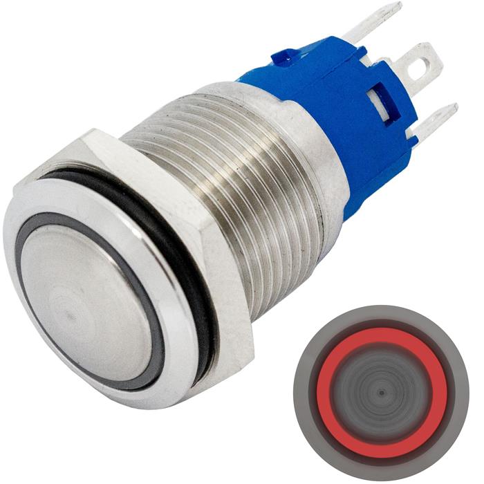 Stainless steel Push button domed Ø16mm Ring LED Red IP65 2,8x0,5mm Pins 250V 3A Vandal-proof