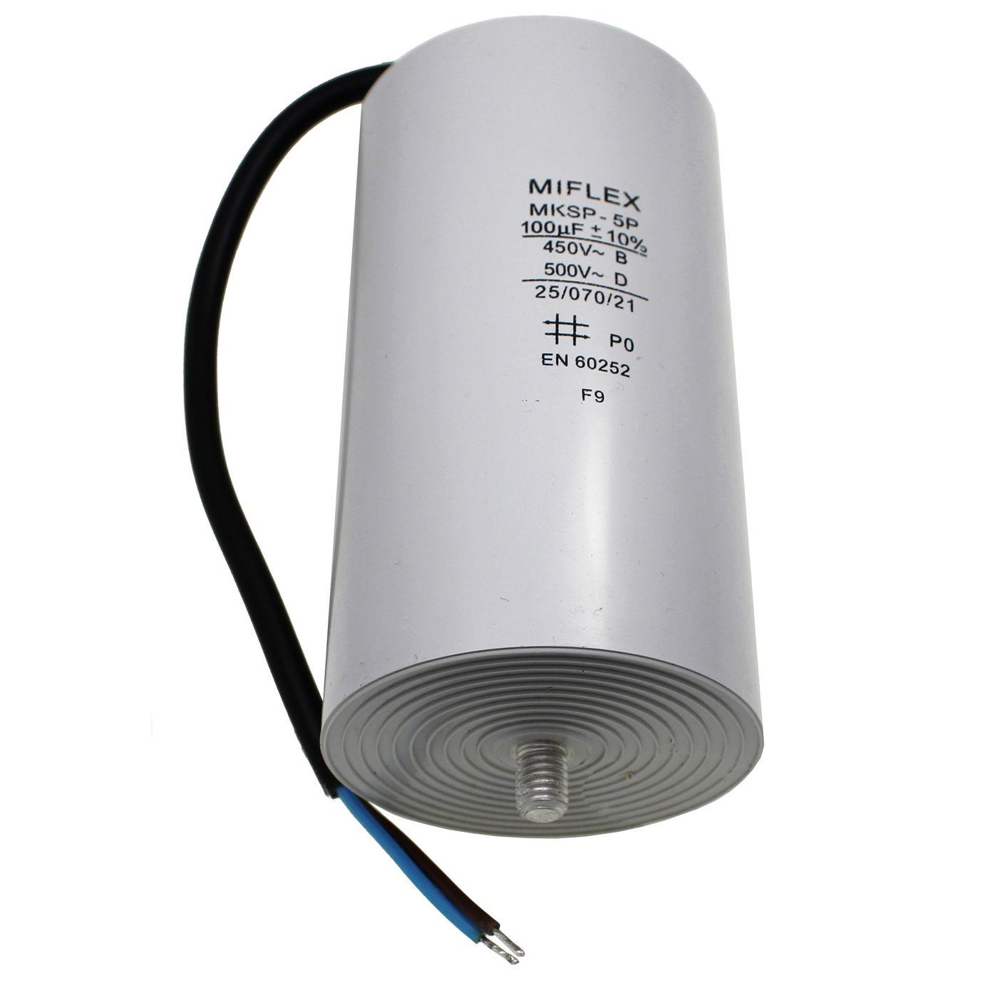 Anlaufkondensator Motorkondensator 100µF 450V 65x119mm Kabel 25cm Miflex 100uF