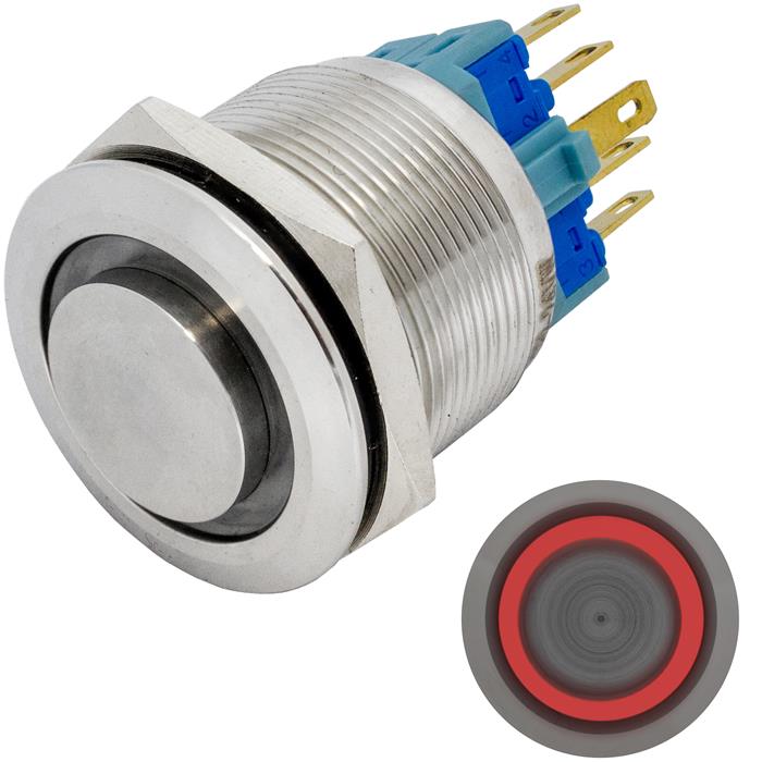 Stainless steel Pressure switch raised Ø25mm Ring LED Red IP65 2,8x0,5mm Pins 250V 3A Vandal-proof