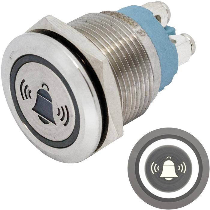 Stainless steel Push button Flat Ø19mm Bell LED Cold White IP65 Screw Connection 250V 3A Vandal-proof