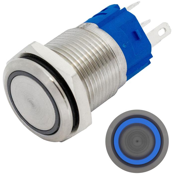 Stainless steel Pressure switch Flat Ø16mm Ring LED Blue IP65 2,8x0,5mm Pins 250V 3A Vandal-proof