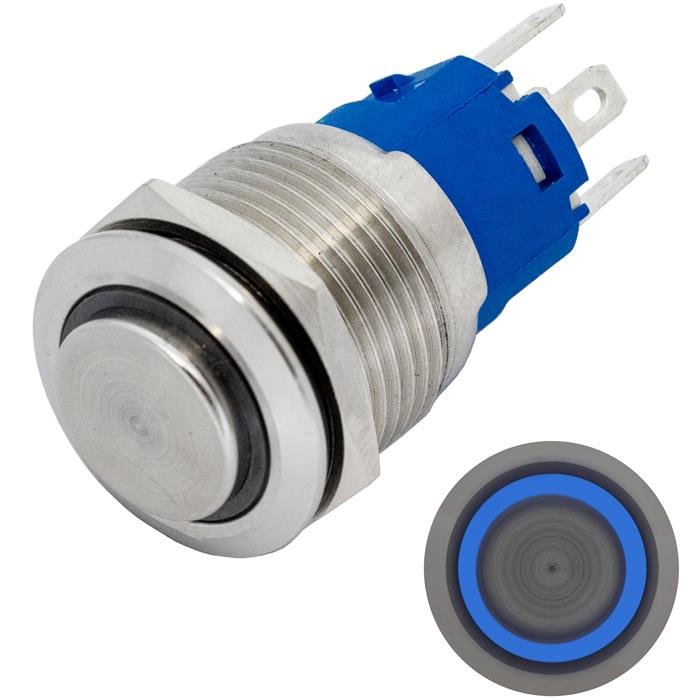 Edelstahl Druckschalter erhaben Ø19mm Ring LED Blau IP65 2,8x0,5mm Pins 250V 3A Vandalismussicher