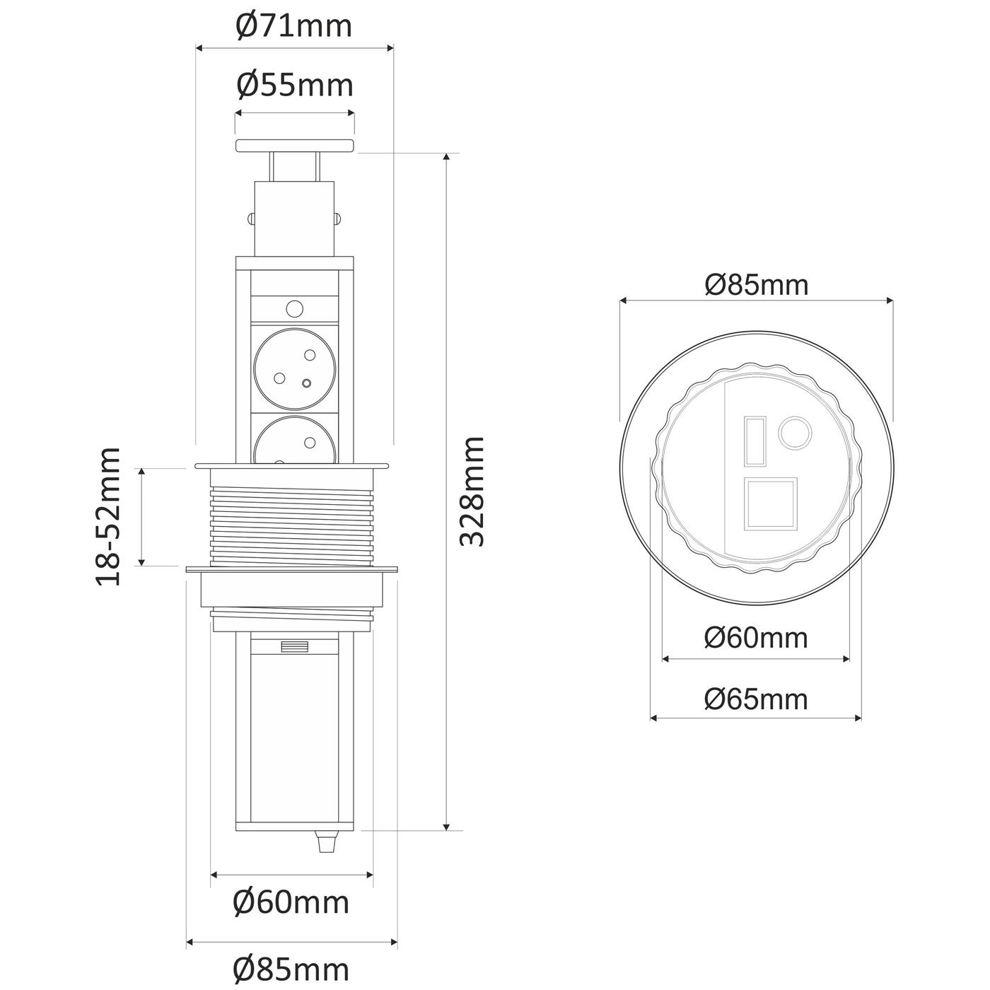 LiftBox 3x Schuko Steckdose + 2x USB 2,4A Tischsteckdose 107mm schwarz