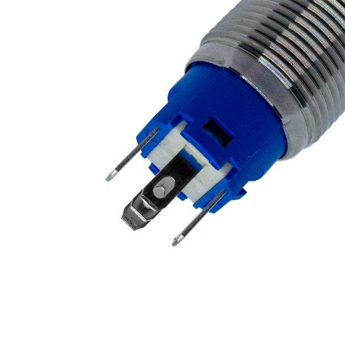 Stainless steel Pressure switch raised Ø16mm Ring LED Blue IP65 2,8x0,5mm Pins 250V 3A Vandal-proof