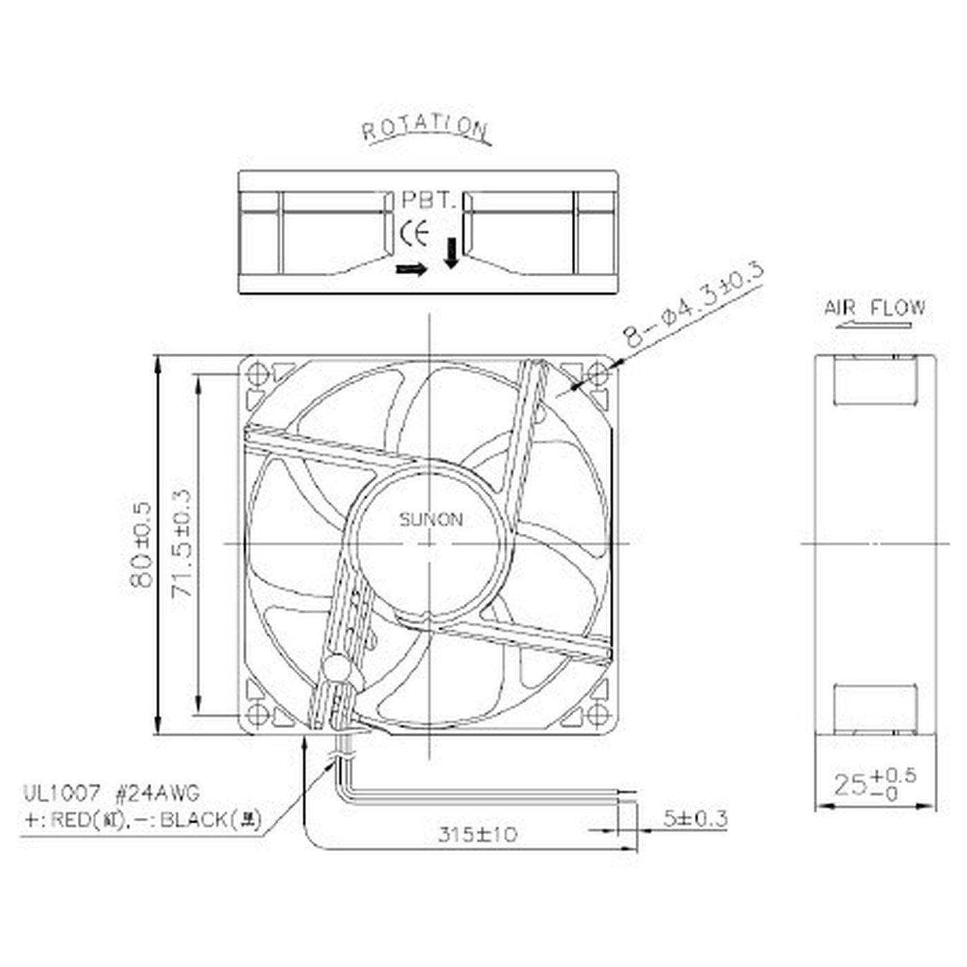 Lüfter 24V DC 0,96W 80x80x25mm 56,1m³/h 2600U/Min 56,1m³/h Sunon MF80252V31000UA99