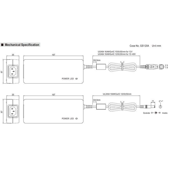GST120A24-P1M 120W 24V 5A Tischnetzteil Kabel 120cm + DC Stecker (2,5/5,5mm) AC DC Adpater