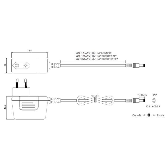 SGA40E12-P1J 40W 12V 3,33A Wall power supply Cable 100cm + DC Plug (2,1/5,5mm) AC DC Adpater