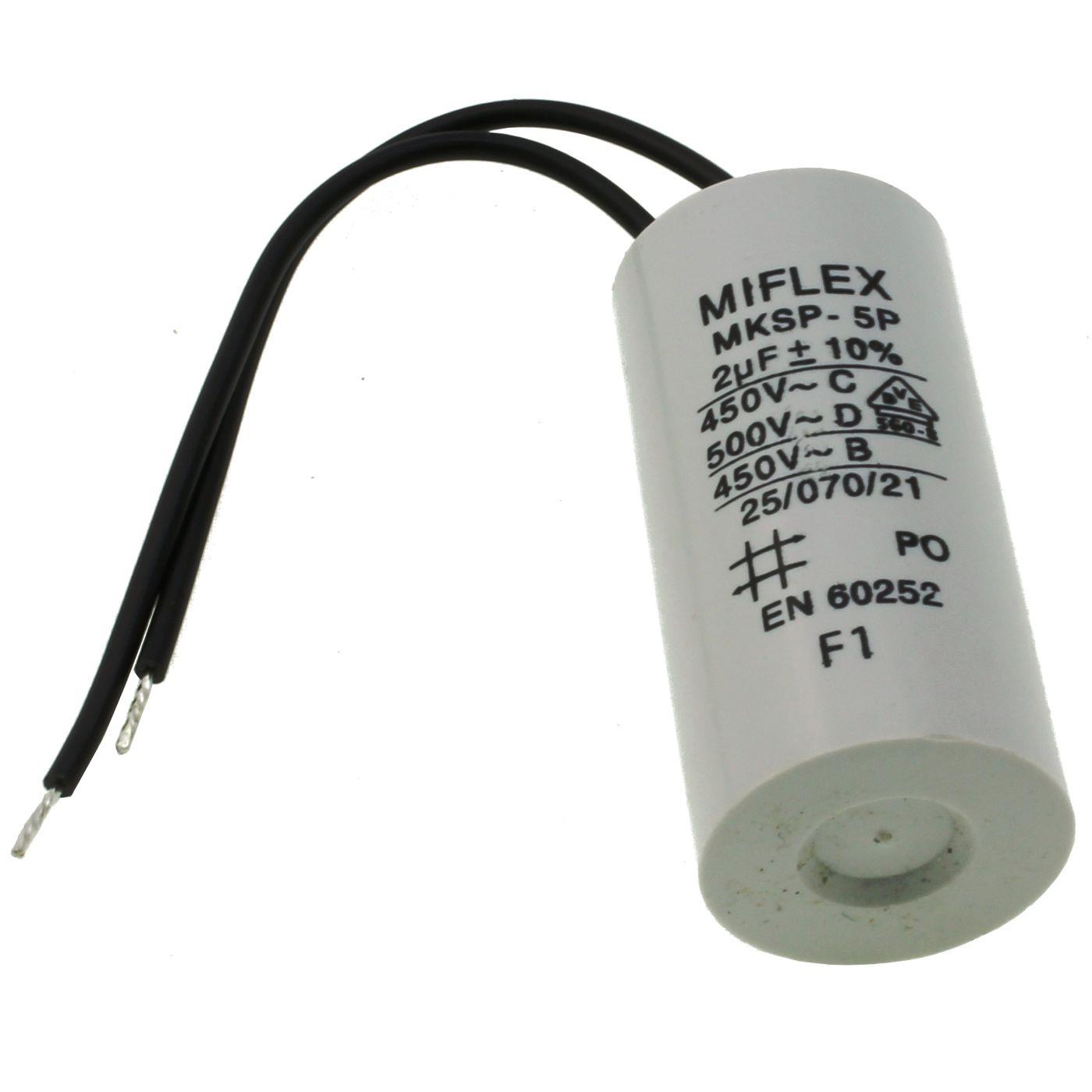 Anlaufkondensator Motorkondensator 2µF 450V 25x51mm Kabel 10cm Miflex 2uF