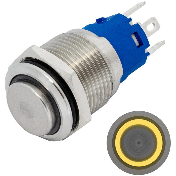 Stainless steel Push button raised Ø16mm Ring LED Yellow IP65 2,8x0,5mm Pins 250V 3A Vandal-proof